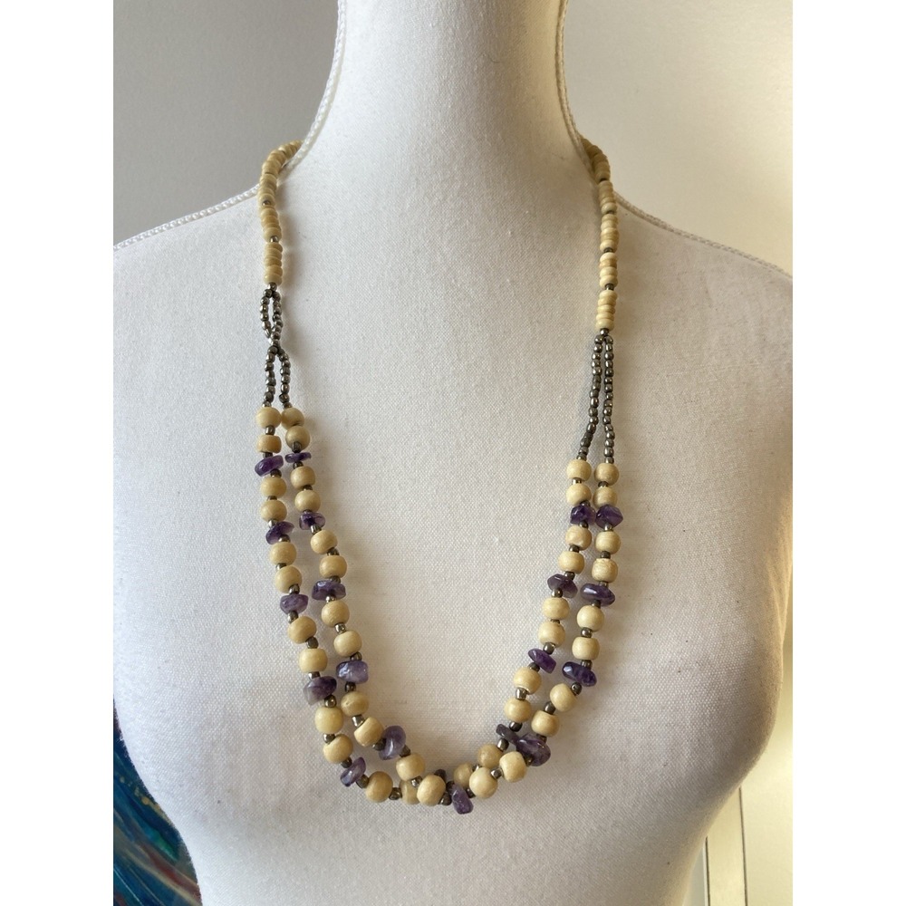 Vintage Earthy Necklace Double Strand Wood Bead Purple Stone Chip‎ Natural